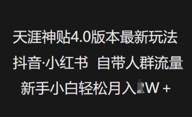 天涯神贴4.0版本号全新游戏玩法，抖音视频·小红书的内置群体总流量，新手入门轻轻松松月入了W-小i项目网